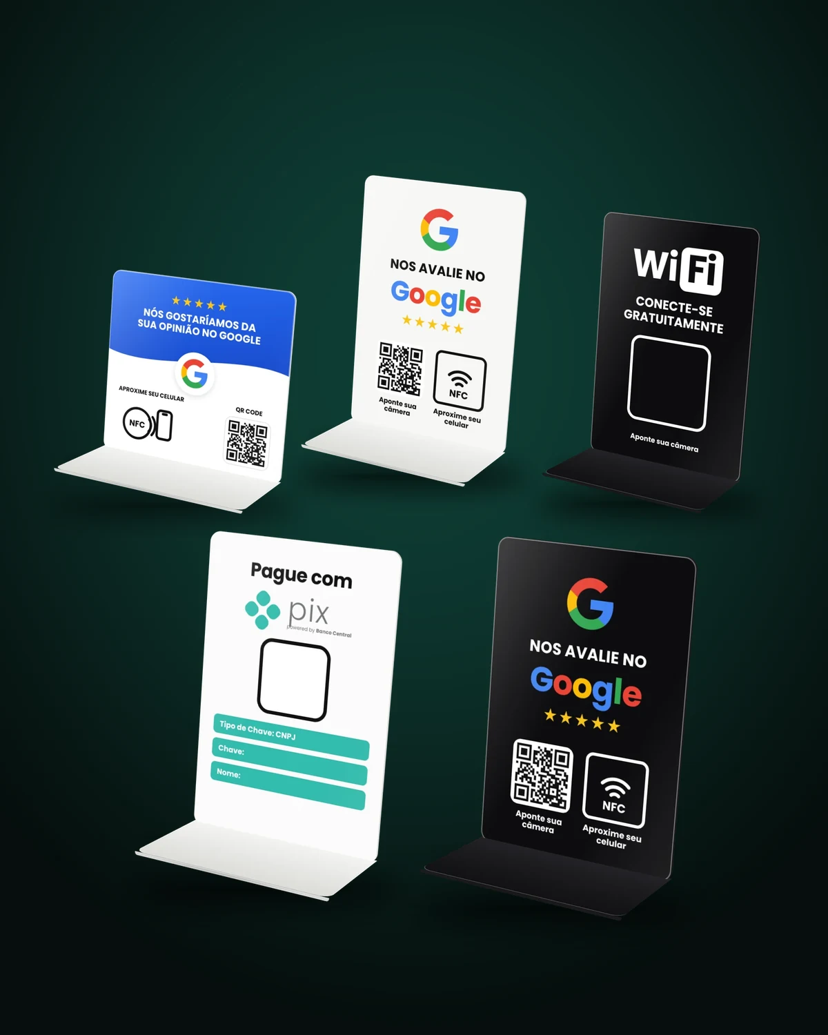 Linha completa: placas de avaliação preta e branca, placa de mesa, Pix e Wi-Fi